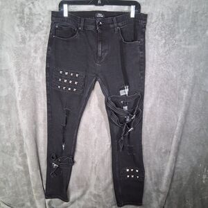 Social Collision Jeans Black White Plaid Patches Riped Studed Buckle Mens 36x32